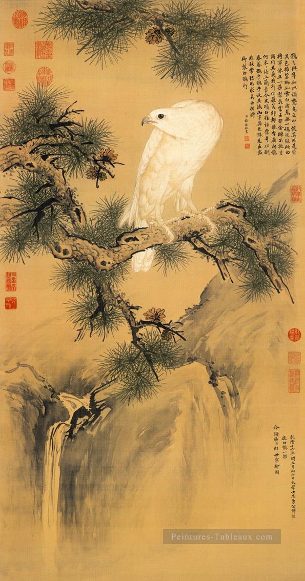 Lang brillant oiseau blanc sur pin ancienne Chine encre Giuseppe Castiglione Peintures à l'huile
